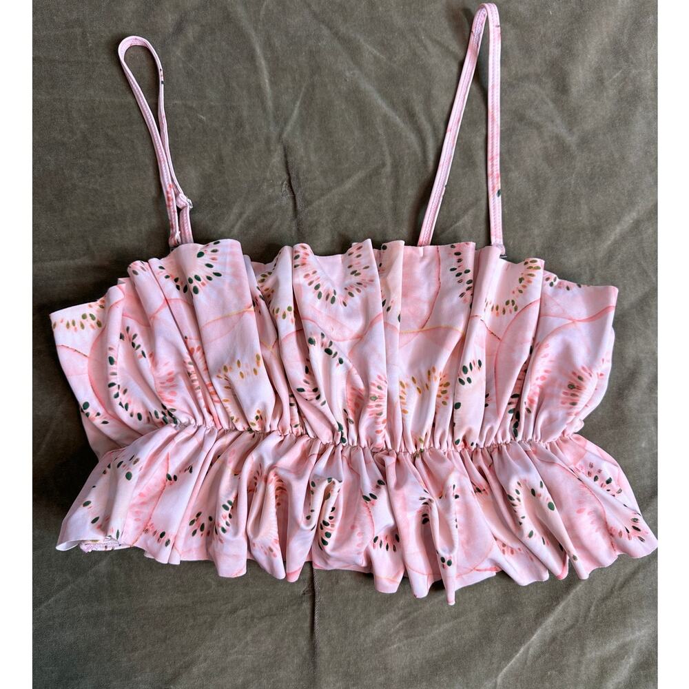 Kortni Jeane Oversized Swim Ruffle Top Pink Tropical Fruit Pattern LARGE